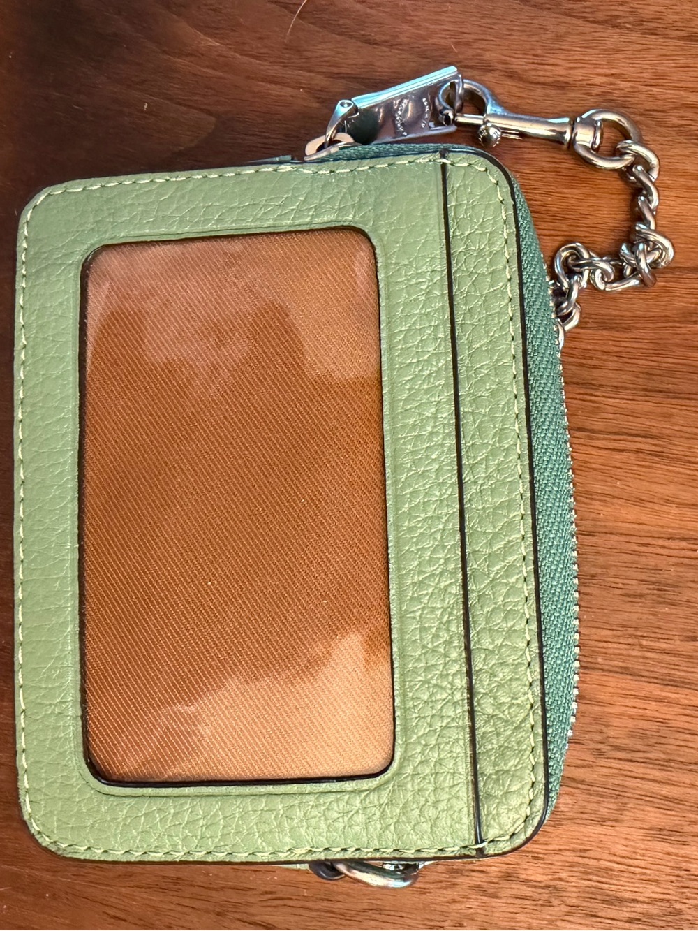 Coach Light Green Pebble Leather Card Case with Silver Chain - Picture 2 of 6
